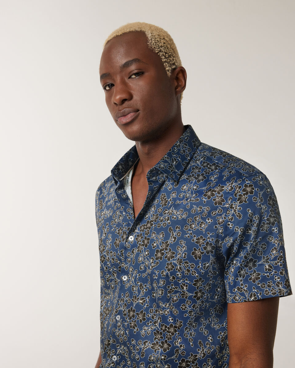 Floral Satin Button-up Shirt, Blue, hi-res